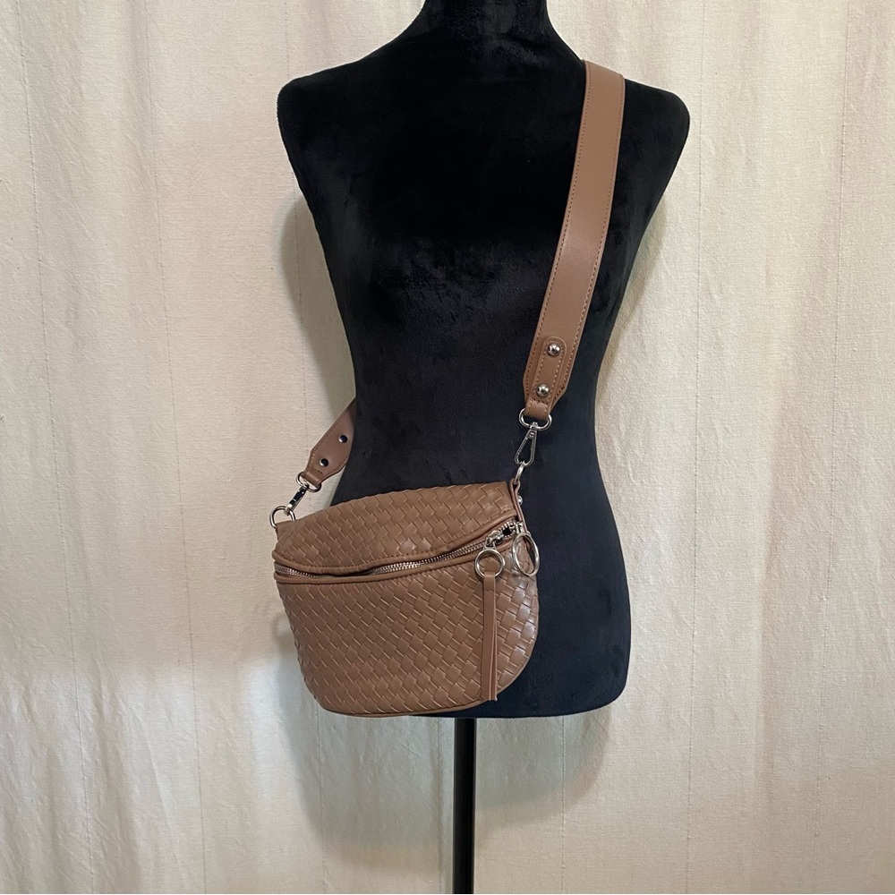 Jenny Fairy Tan Vegan Leather Woven Crossbody Bag
